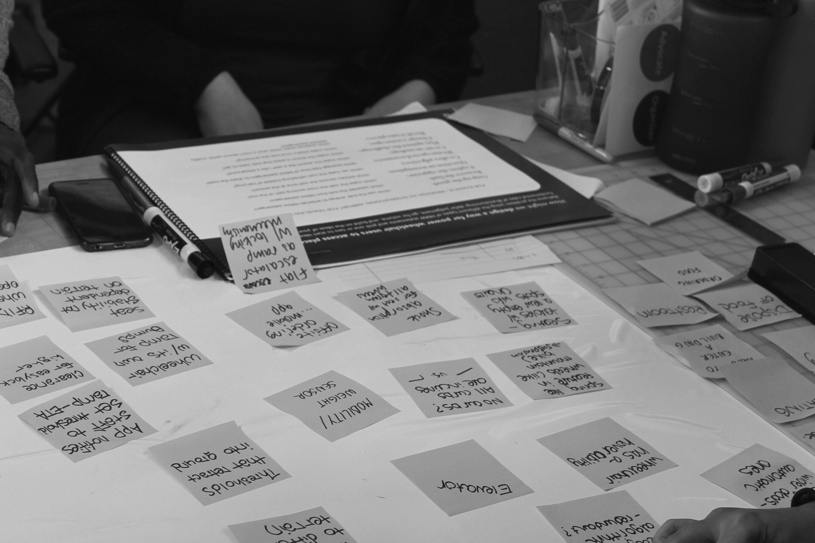 A design thinking booklet from the Illimitable workshops lays on the table surrounded by used sticky notes, grid paper, markers and other craft materials. A black man and white womans hands are visible in the background.