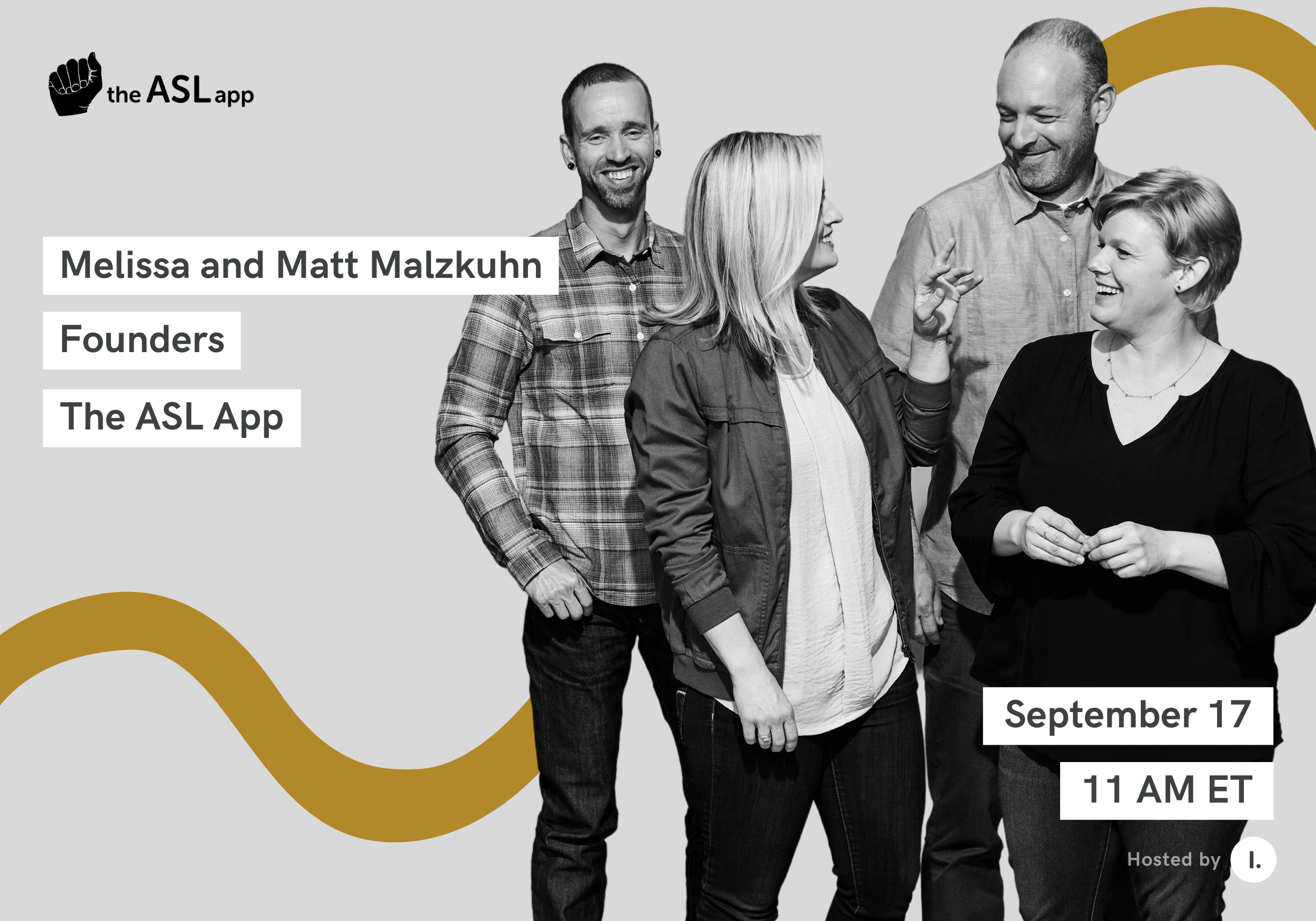 Four company team members, including Melissa and Matt, are smiling at and laughing with each other. The Illimitable logo is in the bottom right corner and the ASL app logo is in the top left corner.